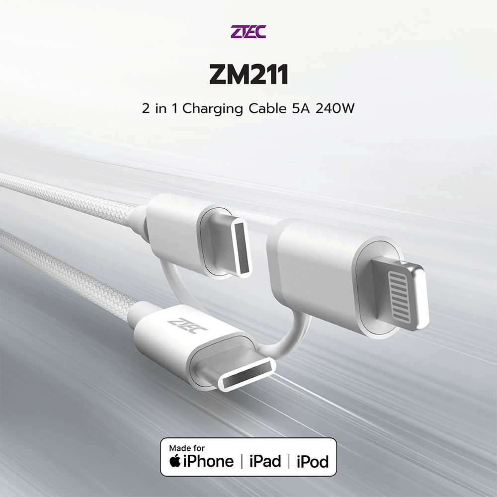 สายชาร์จไนลอนถัก  ZTEC ZM211 2 IN 1 สีขาว MFI 5A 240W USB-C TO USB-C & LIGHTNING